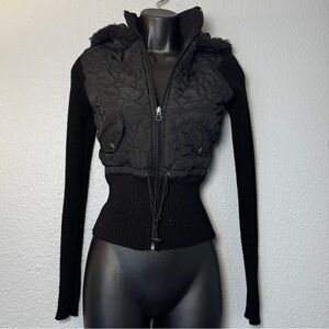 Vintage Women’s Say what Y2K black Sweater Jacket W/ Fur Trim Hood Size Medium